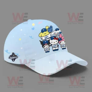 Hello Kitty x LA Dodgers Champions 2025 Hoodie and Pants 9 Light blue Dodgers cap with Hello Kitty characters in team outfits celebrating championship.