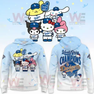 Light blue Dodgers 2025 Champion hoodies featuring Hello Kitty characters celebrating the team victory.