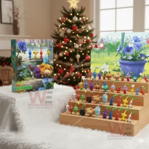 A Pikmin advent calendar and miniature figures displayed in front of a Christmas tree.