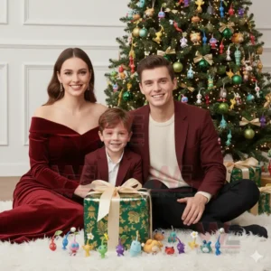 A family posing with Pikmin figures and gifts in front of a Christmas tree.