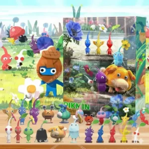 A Pikmin advent calendar with miniature figures in a colorful outdoor scene.