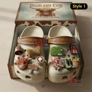 Cream clogs with farm themed decorations arranged in a gift box featuring countryside elements!