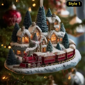 Christmas decoration with a red train and snow covered village houses surrounded by lights and trees!