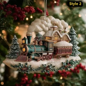 Holiday ornament showing a green train near a snowy home decorated with holly and Christmas trees!