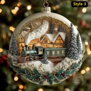 Christmas ball decoration featuring a train in a snow covered village with lights and festive holly details!