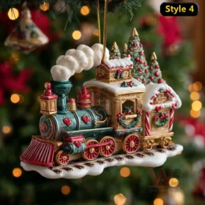 Christmas tree ornament of a colorful festive train with holiday decorations and snowy details!