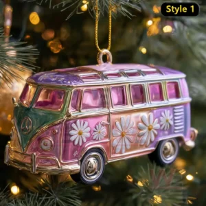 Retro style Christmas van ornament in bright pink and purple with floral decorations on a festive tree!