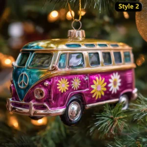 Colorful van shaped Christmas ornament featuring peace and flower designs in vibrant festive hues!