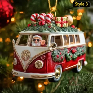 Santa driving a decorated red van ornament with gifts and candy canes for Christmas celebration!