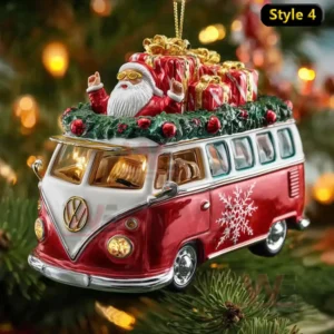 Festive Christmas van ornament with Santa and presents decorated with snowflakes and holiday greenery!