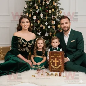 A family sitting by a Christmas tree with the 2025 Holy Cross Advent Calendar.