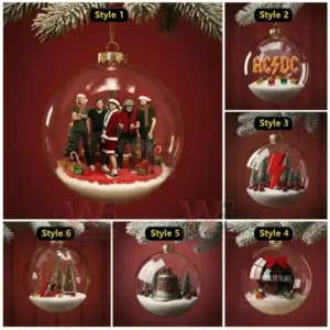 A set of ACDC inspired Christmas ornaments featuring scenes with the band logo, a bell, lightning bolt, and Christmas decorations.