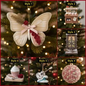 Six different Dolly Parton Christmas ornament styles including butterfly, guitar, baking counter, snowflake lantern, rose ball, and cupcake hanging on Christmas trees!
