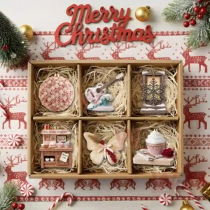 HOT Dolly Parton Christmas Ornament 9 A box containing six Dolly Parton themed Christmas ornaments surrounded by candy canes and Christmas decorations on a festive background!