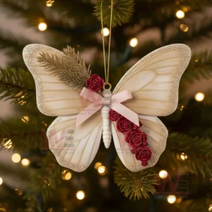 HOT Dolly Parton Christmas Ornament 10 Butterfly ornament with red roses and pink bow hanging on a Christmas tree with glowing lights!