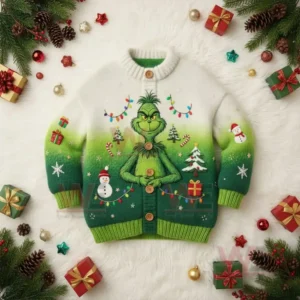 Green and white Grinch themed Christmas cardigan surrounded by gifts and festive decorations on a white surface.