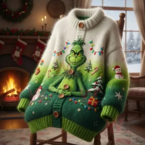 HOT Grinch Christmas Cardigan Sweatshirt 4 Grinch themed Christmas cardigan on a chair by a fireplace with festive lights and stockings in the background.