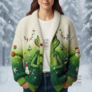 HOT Grinch Christmas Cardigan Sweatshirt 5 Person wearing green and white Grinch Christmas cardigan standing outdoors in snowy winter setting.