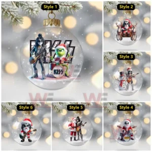 A collage of Christmas ornaments showing holiday themed Kiss style characters inside transparent globes.