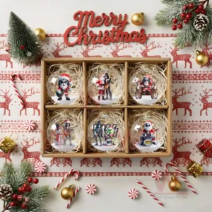 HOT Kiss Band Christmas Ornament 9 A boxed set of six Kiss themed Christmas ornaments arranged neatly in a holiday display.