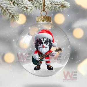 HOT Kiss Band Christmas Ornament 10 A transparent Christmas globe ornament showing a Kiss style Santa figure with a guitar.