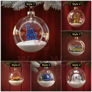 A set of Los Angeles Dodgers themed Christmas ornaments displayed in a collage showing designs with team symbols and festive decorations.