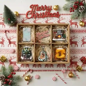 A gift box containing six Morgan Wallen Christmas ornaments surrounded by candy canes and festive holiday decorations!
