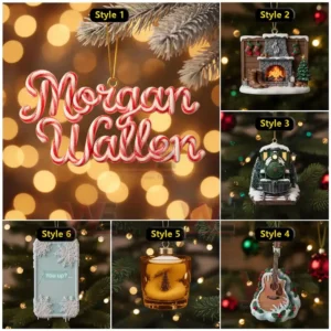 HOT Morgan Wallen Christmas Ornament 9 A collage of six Morgan Wallen Christmas ornament styles including name lettering, fireplace, train, guitar, whiskey glass, and phone message!