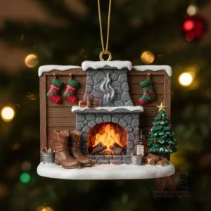 HOT Morgan Wallen Christmas Ornament 11 Fireplace shaped Christmas ornament with stockings boots and a Christmas tree hanging on a decorated tree branch!