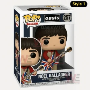 Noel Gallagher Oasis vinyl figure in a collector box holding a Union Jack guitar.