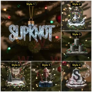 Six Slipknot themed Christmas ornament styles displayed on Christmas trees including logo bell barrels letter S mask and stage scene!
