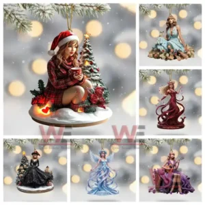 A set of artistic holiday figurines displayed in a snowy decorative scene.