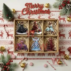 A holiday gift box holding six artistic figurine ornaments set on a festive background.
