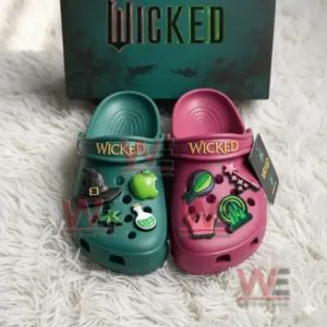 A green and pink pair of Wicked Crocs decorated with themed charms placed in front of a matching box.