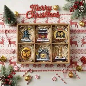 A box containing six Wu Tang Clan Christmas ornaments surrounded by candy canes and festive holiday decorations!