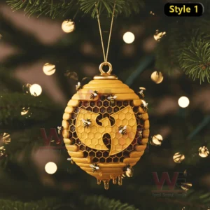 HOT Wu Tang Clan Christmas Ornament 8 Golden beehive shaped Wu Tang Clan ornament with honeycomb design and bees hanging on a Christmas tree!