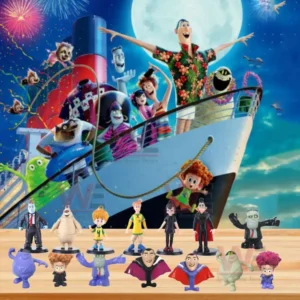 Hotel Transylvania character figures displayed on a wooden table in front of a colorful cruise ship celebration scene!
