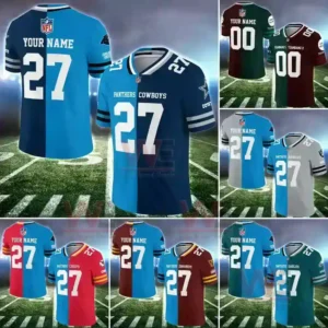 A set of split design NFL jerseys displayed on a football field background featuring customizable names and numbers.