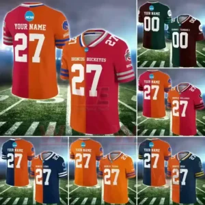 A group of split design NCAA jerseys combining different college team colors and logos shown on a football field background.