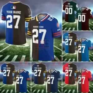 A lineup of MLB split team jerseys featuring Padres combined with other teams like Cubs Mets and Yankees shown on a sports field.