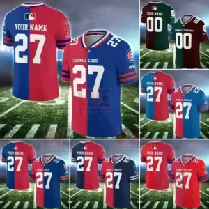 A group of MLB split team jerseys featuring the Cardinals combined with other team designs on a sports field background.
