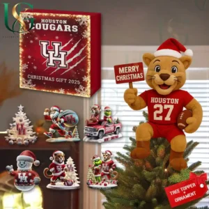 Houston Cougars 2025 Christmas gift box with mascot tree topper and themed ornaments displayed together!