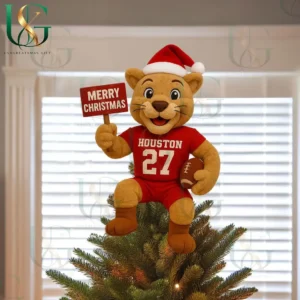 Houston Cougars mascot Christmas tree topper with Santa hat and Merry Christmas sign on decorated tree!