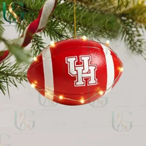 Houston Cougars football ornament with red and white design hanging on Christmas tree branch!