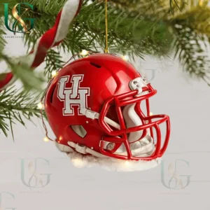 Houston Cougars football helmet ornament hanging from Christmas tree with glowing lights!