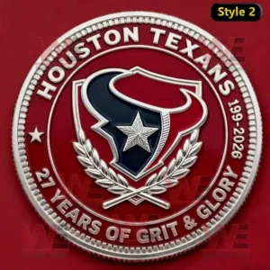 Houston Texans 27th Anniversary Commemorative Coin 3 Houston Texans commemorative coin with bull head logo red enamel silver border and laurel wreath design.