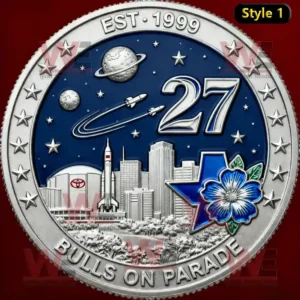 Houston Texans 27th anniversary coin with space rockets skyline planets blue background and silver engraved details.