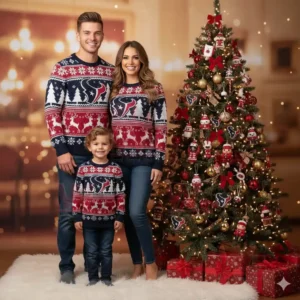 Family in matching navy blue and red Texans Christmas sweaters standing beside a decorated Christmas tree with lights and gifts!