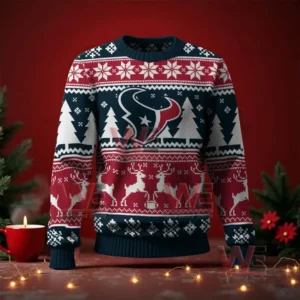 Red and navy blue Christmas sweater with the Texans logo on the front and festive patterns of snowflakes and reindeer!