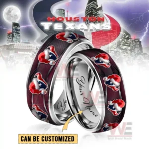Alt text: Two Houston Texans themed silver tungsten rings with Christmas hats on the logo and customizable with a name.